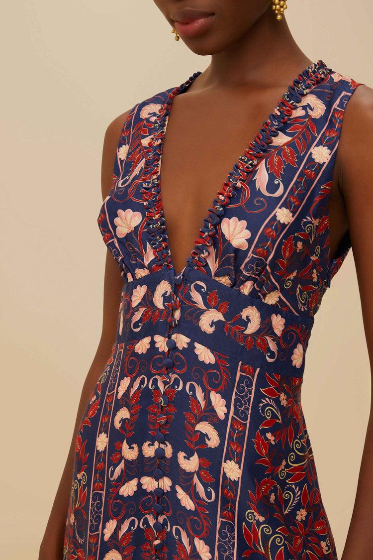 Farm Rio Boho Floral Scarf Navy Blue Midi Dress BOHO FLORAL SCARF NAVY BLUE