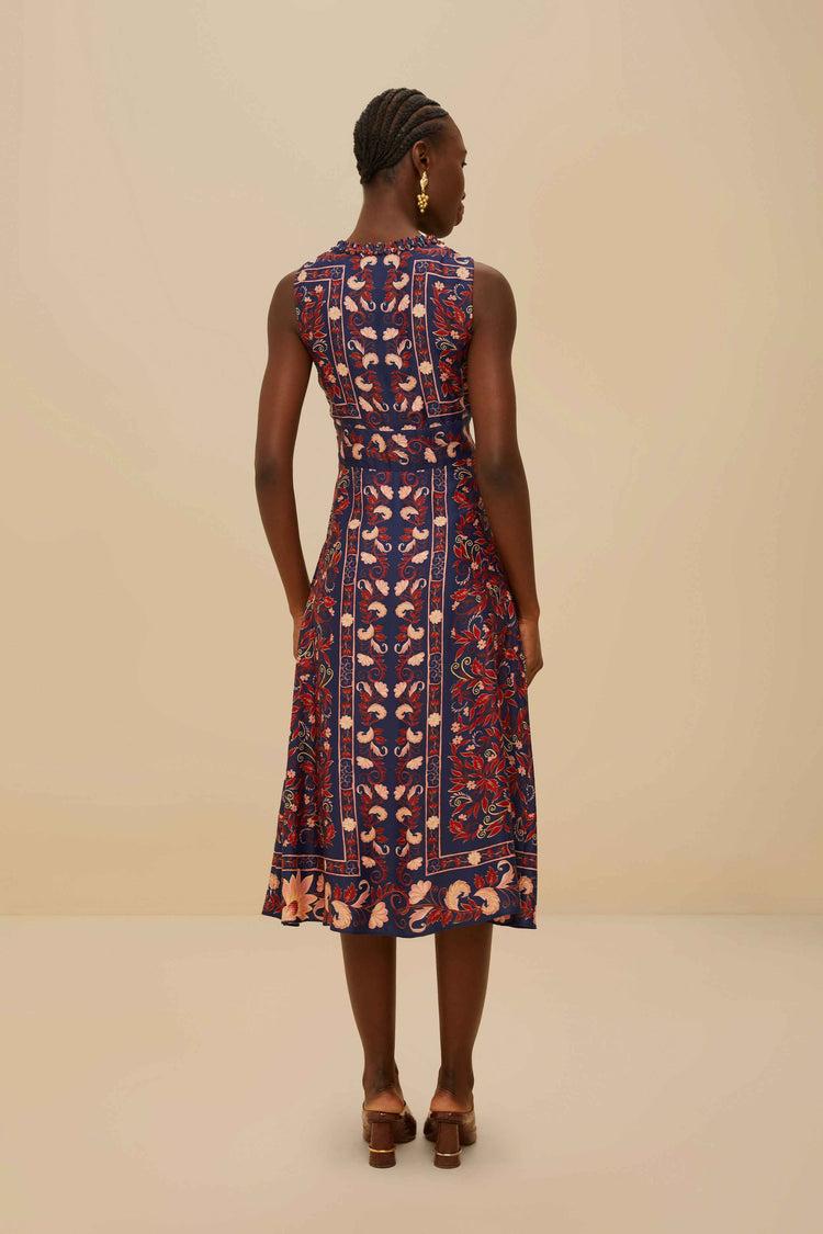 Farm Rio Boho Floral Scarf Navy Blue Midi Dress BOHO FLORAL SCARF NAVY BLUE