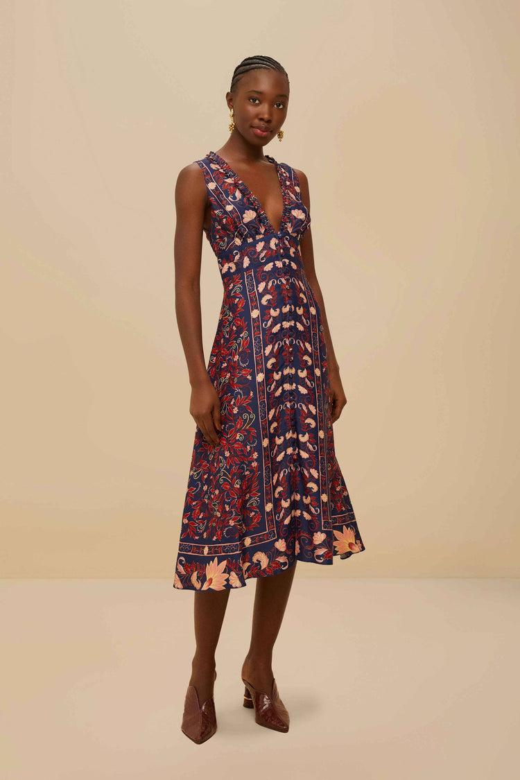 farm rio boho floral scarf navy blue midi dress BOHO FLORAL SCARF NAVY BLUE farm rio boho floral scarf navy blue midi dress BOHO FLORAL SCARF NAVY BLUE