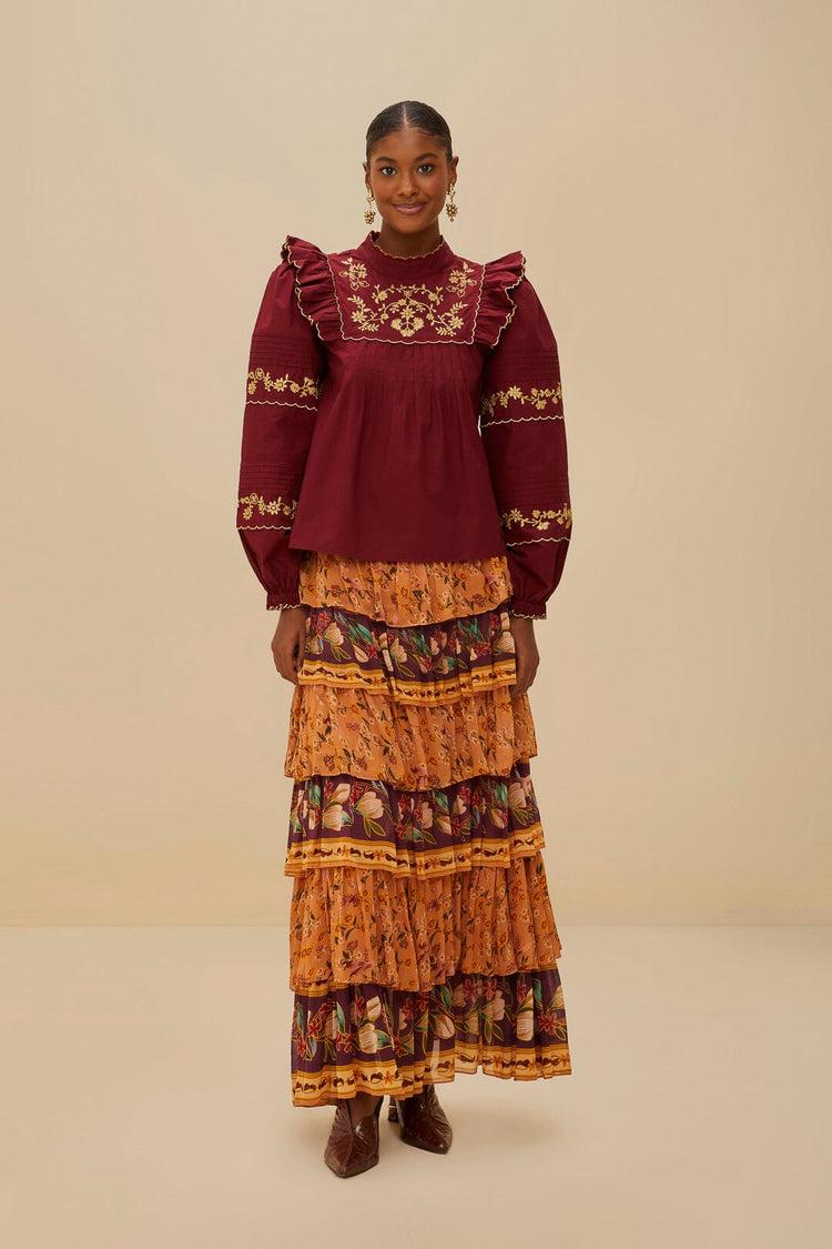 Farm Rio Burgundy Golden Embroidered Organic Cotton Blouse BURGUNDY