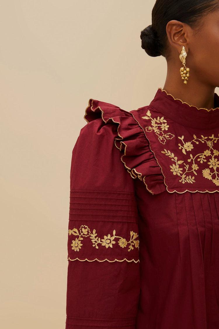 Farm Rio Burgundy Golden Embroidered Organic Cotton Blouse BURGUNDY