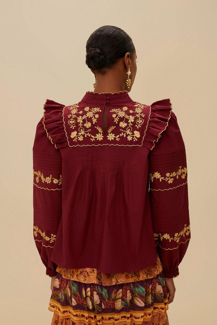 Farm Rio Burgundy Golden Embroidered Organic Cotton Blouse BURGUNDY