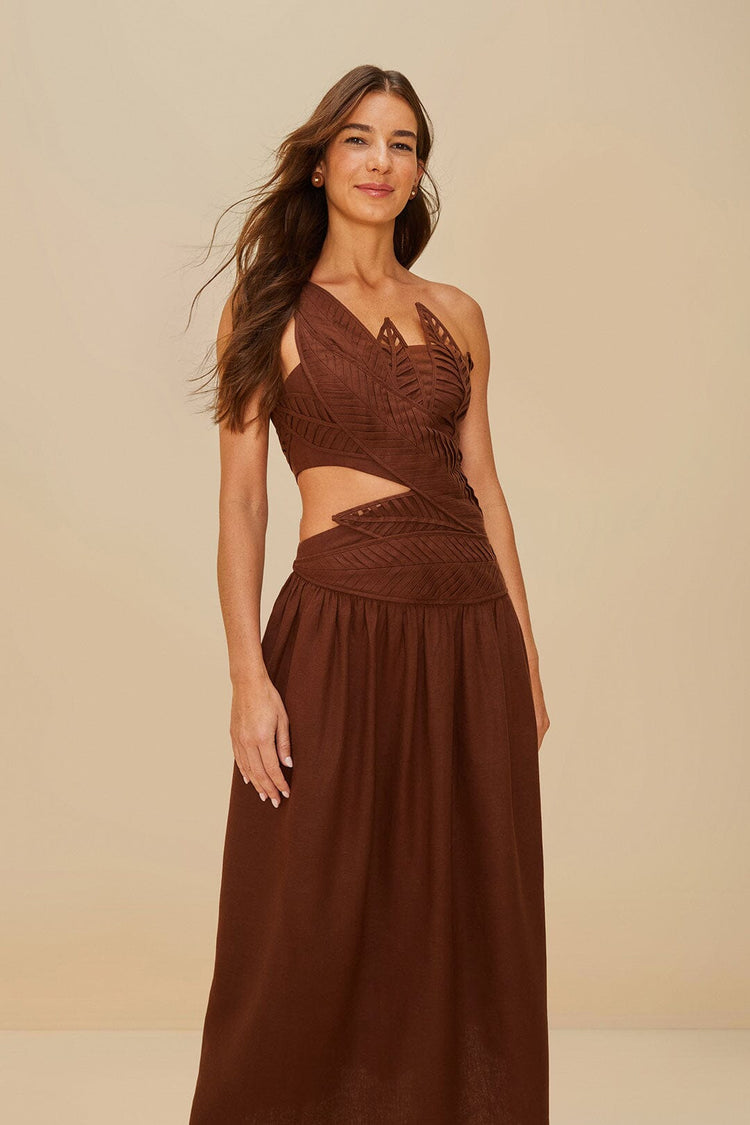 Farm Rio Burgundy Leaves Cut-out Lenzing™ Ecovero™ Euroflax™ Midi Dress BURGUNDY