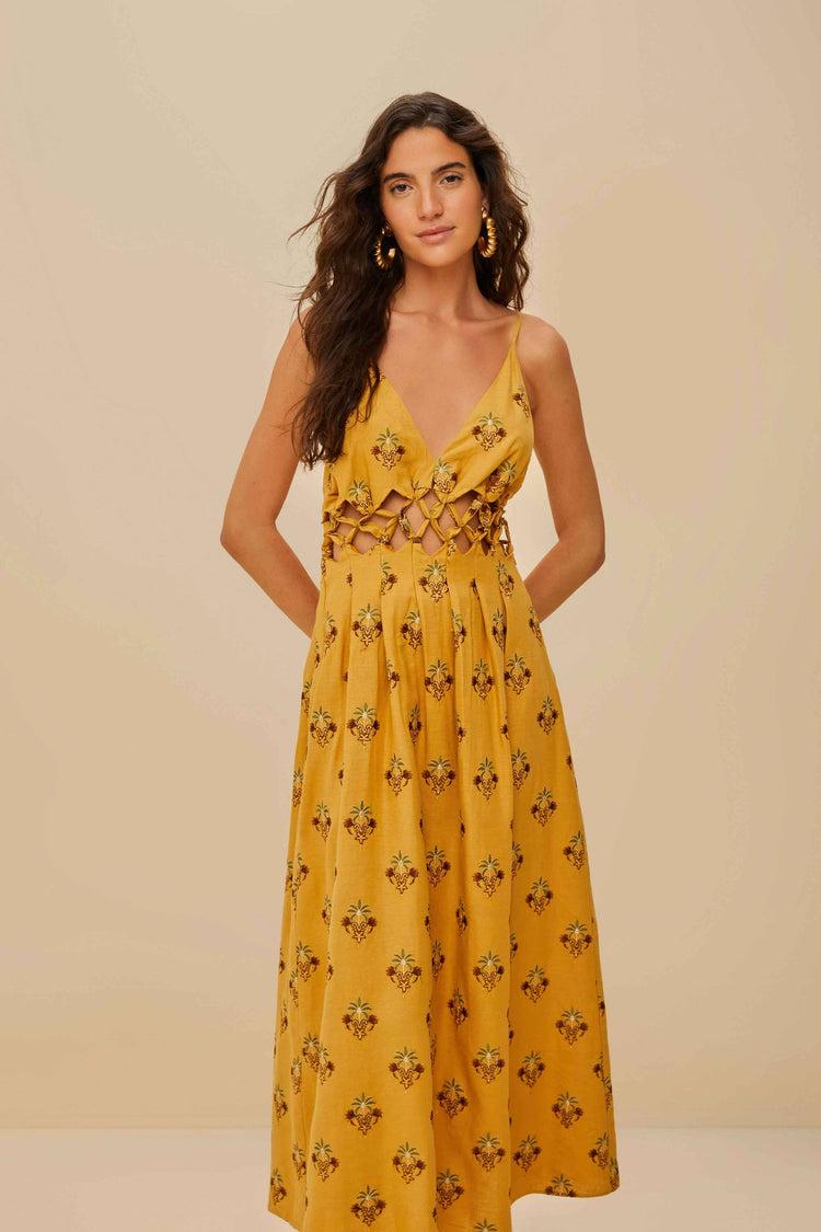 Farm Rio Coconut Tree Tapestry Macrame Yoke Maxi Dress SAND