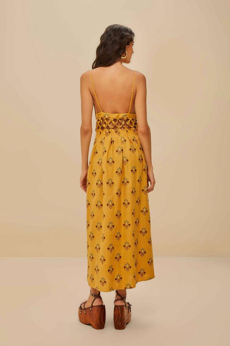 Farm Rio Coconut Tree Tapestry Macrame Yoke Maxi Dress SAND