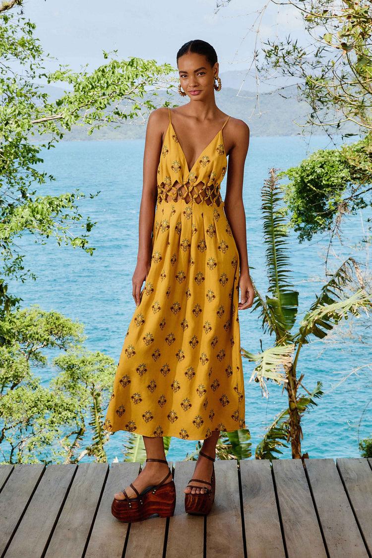 farm rio coconut tree tapestry macrame yoke maxi dress SAND