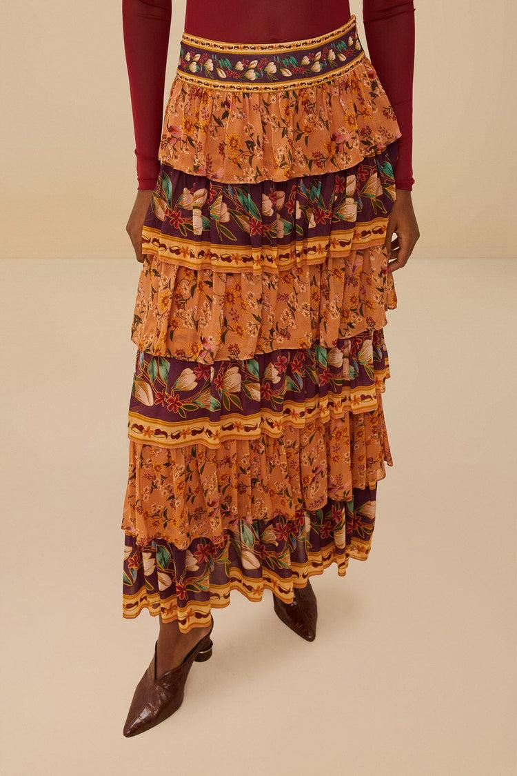 Farm Rio Colorful Birds Camel Ruffles Midi Skirt COLORFUL BIRDS CAMEL