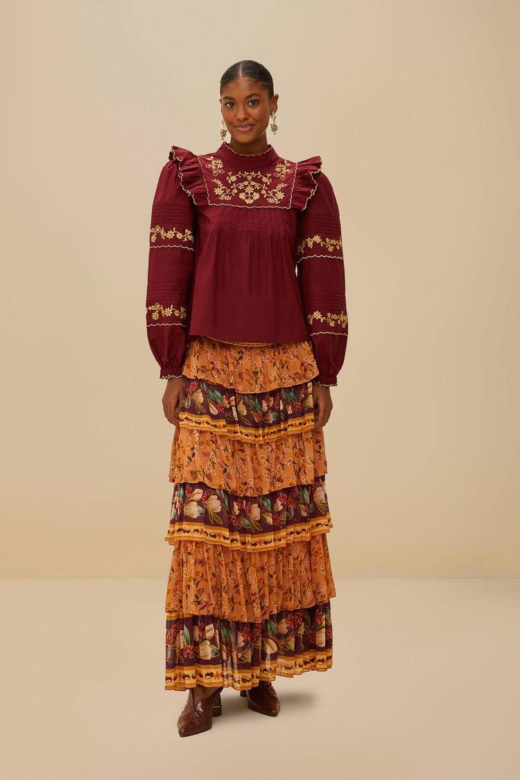 farm rio colorful birds camel ruffles midi skirt COLORFUL BIRDS CAMEL