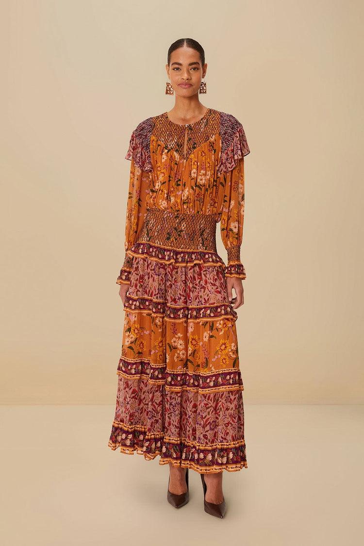 Farm Rio Colorful Birds Camel Smocking Long Sleeve Maxi Dress COLORFUL BIRDS CAMEL