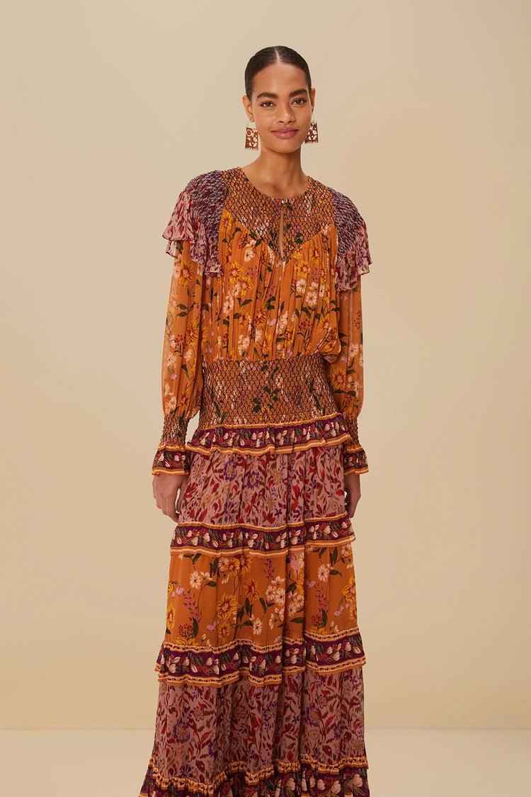farm rio colorful birds camel smocking long sleeve maxi dress COLORFUL BIRDS CAMEL