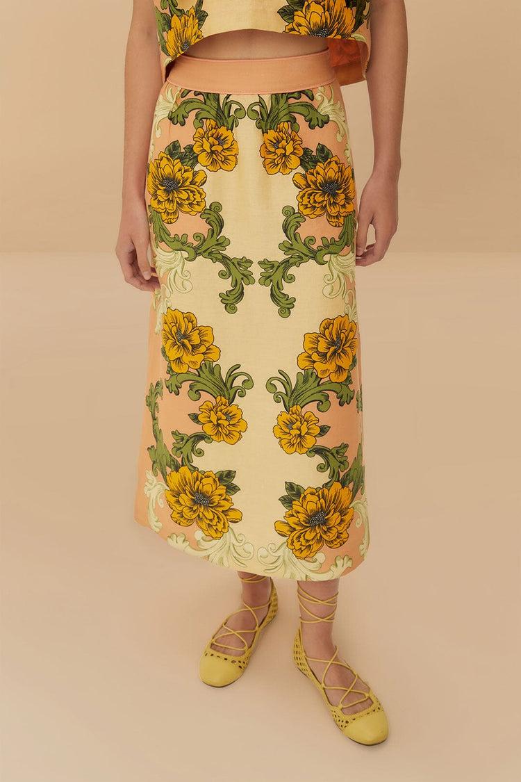 Farm Rio Cream Delicate Flower Arabesques Euroflax™ Premium Linen Midi Skirt DELICATE FLOWER ARABESQUES PINK