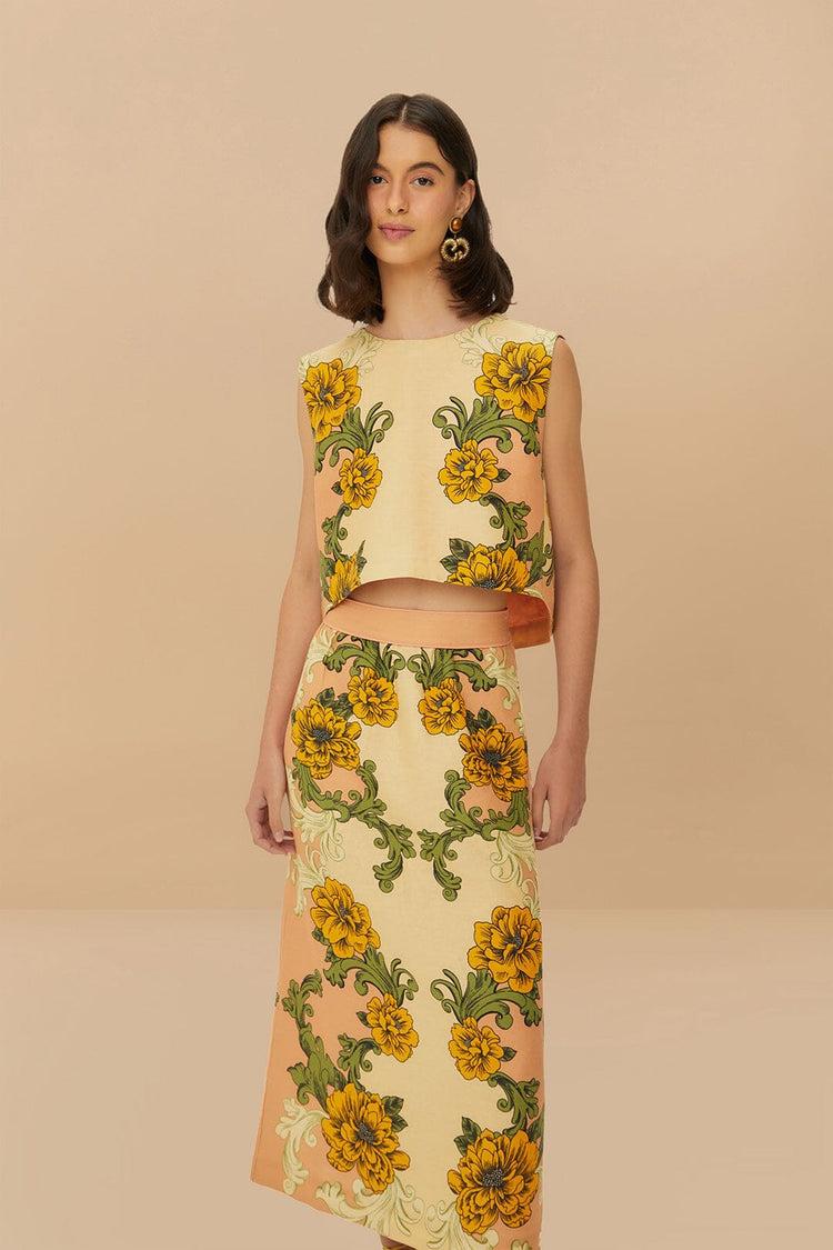 Farm Rio Cream Delicate Flower Arabesques Euroflax™ Premium Linen Midi Skirt DELICATE FLOWER ARABESQUES PINK