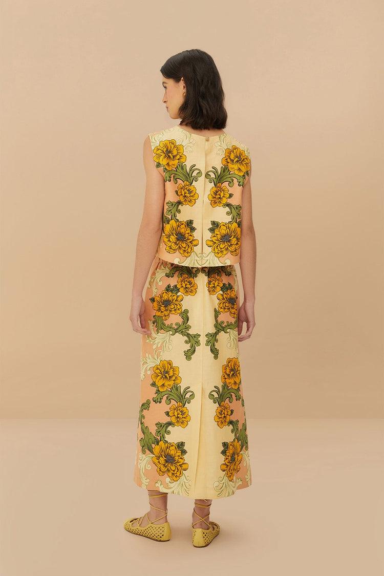 Farm Rio Cream Delicate Flower Arabesques Euroflax™ Premium Linen Midi Skirt DELICATE FLOWER ARABESQUES PINK