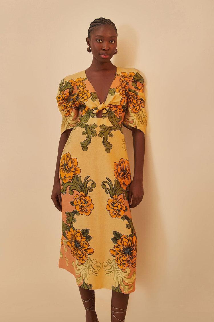 Farm Rio Cream Delicate Flower Arabesques Euroflax™ Premium Linen Midi Dress DELICATE FLOWER ARABESQUES PINK