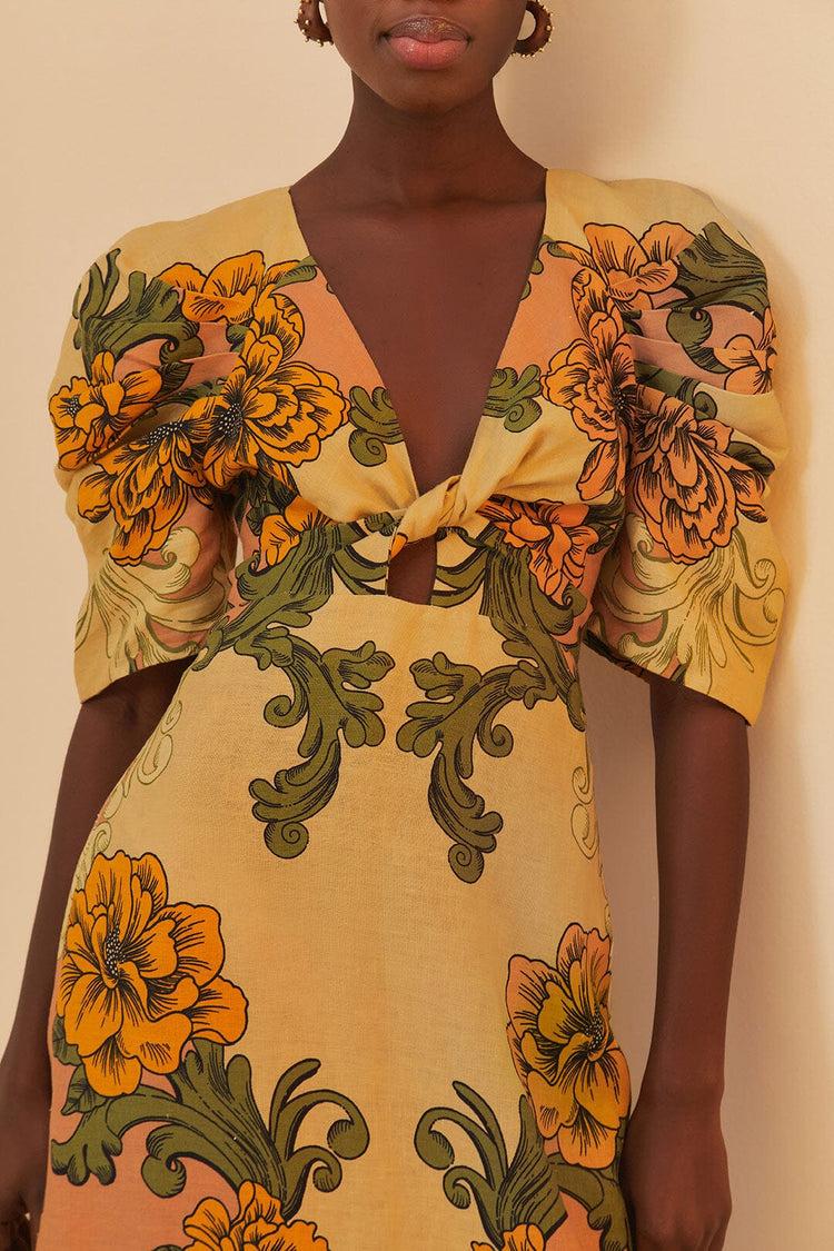 Farm Rio Cream Delicate Flower Arabesques Euroflax™ Premium Linen Midi Dress DELICATE FLOWER ARABESQUES PINK