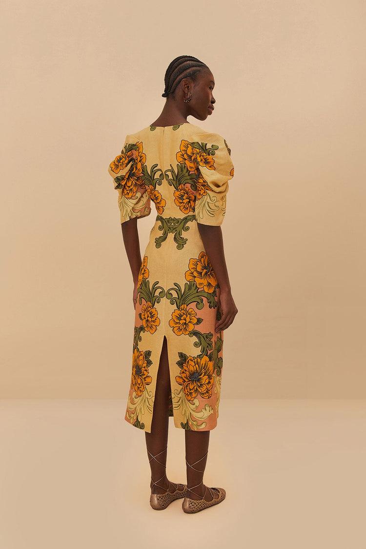 Farm Rio Cream Delicate Flower Arabesques Euroflax™ Premium Linen Midi Dress DELICATE FLOWER ARABESQUES PINK