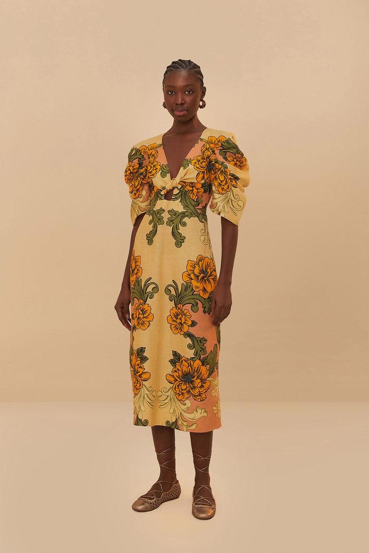 farm rio cream delicate flower arabesques euroflax™ premium linen midi dress DELICATE FLOWER ARABESQUES PINK