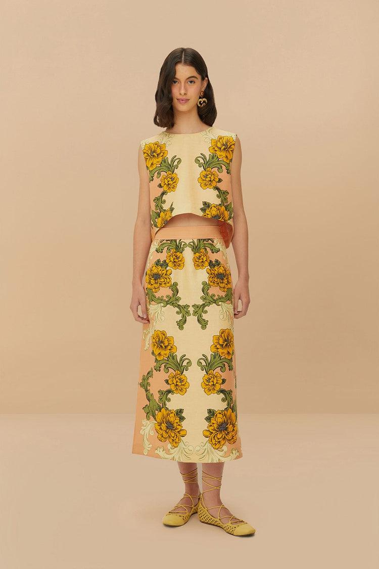 farm rio cream delicate flower arabesques euroflax™ premium linen midi skirt DELICATE FLOWER ARABESQUES PINK