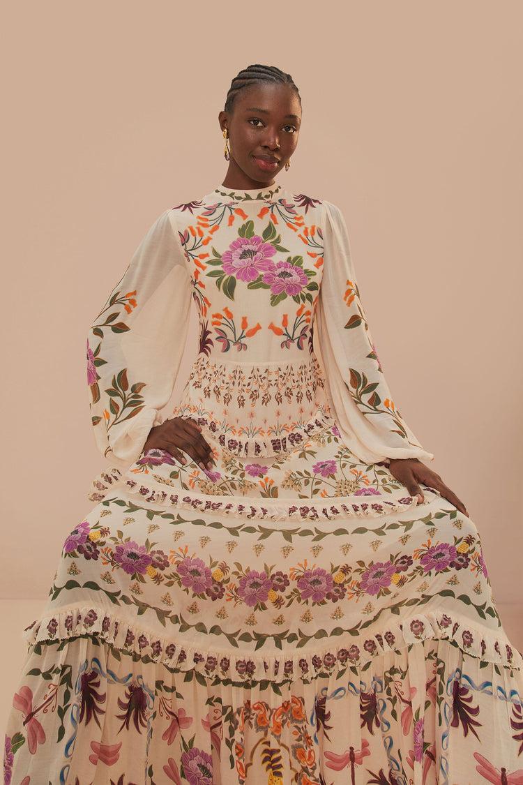 farm rio cream winter garden ruffle maxi dress WINTER GARDEN CREAM