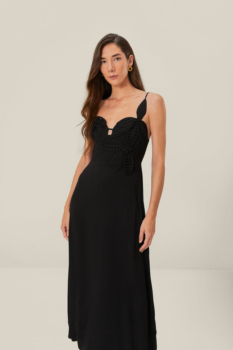 Farm Rio Black Flowered Bust Midi Dress BLACK