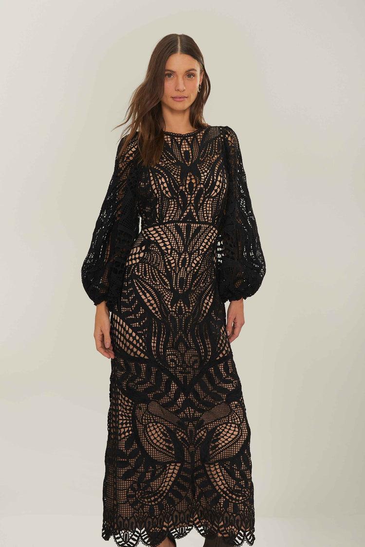 Farm Rio Black Nature Guipure Midi Dress BLACK