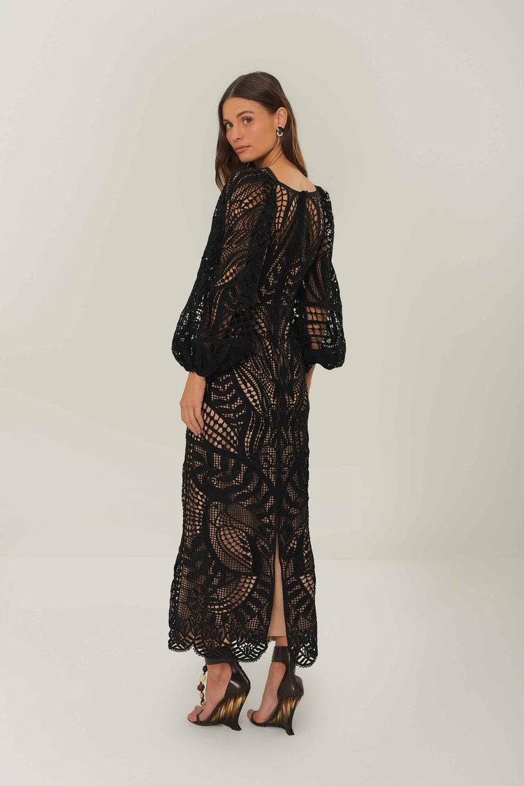 Farm Rio Black Nature Guipure Midi Dress BLACK