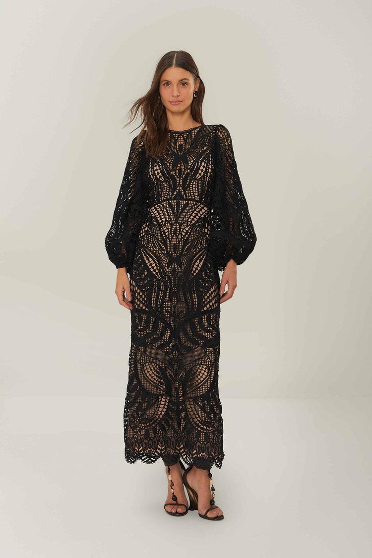 farm rio black nature guipure midi dress BLACK