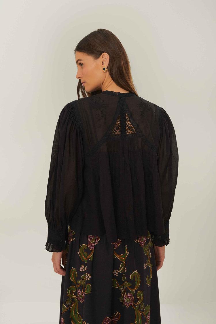 Farm Rio Black Short Sleeve Collar Blouse BLACK