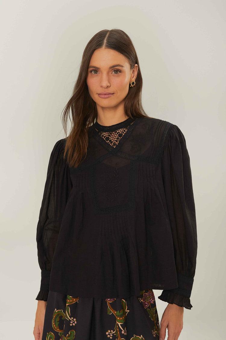 farm rio black short sleeve collar blouse BLACK