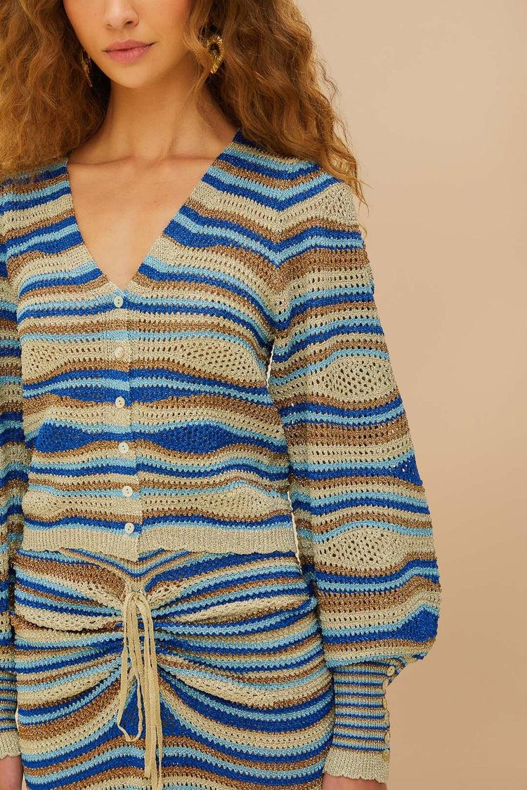 Farm Rio Blue Mixed Waves Knit Blouse MULTI
