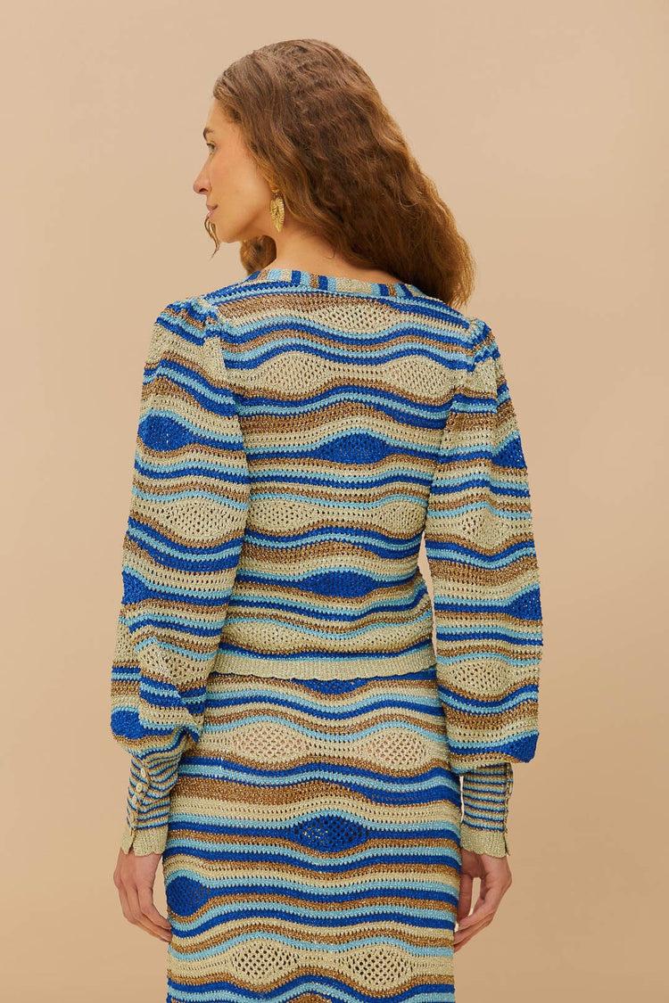 Farm Rio Blue Mixed Waves Knit Blouse MULTI