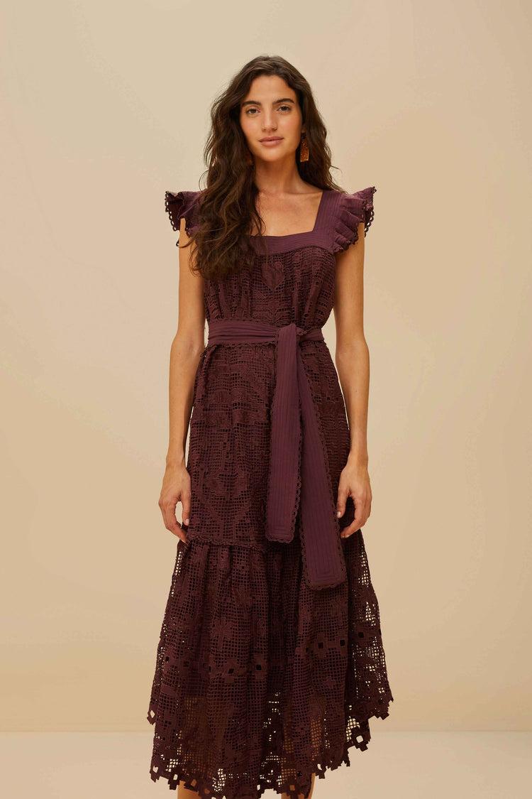 Farm Rio Brown Pineapple Guipure Midi Dress BROWN