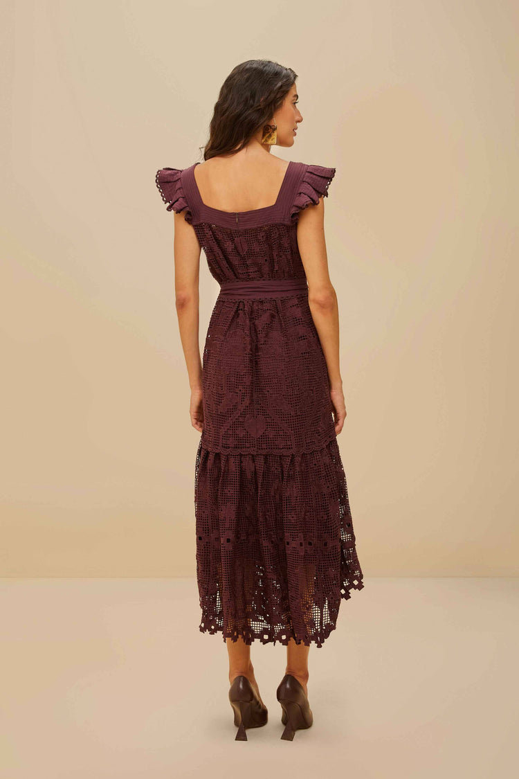 Farm Rio Brown Pineapple Guipure Midi Dress BROWN