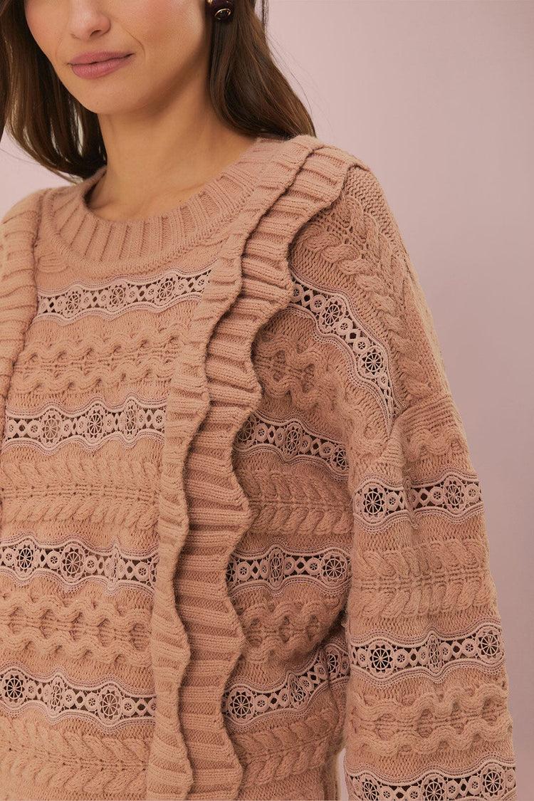 Farm Rio Cream Wavy Ruffle Sweater SAND