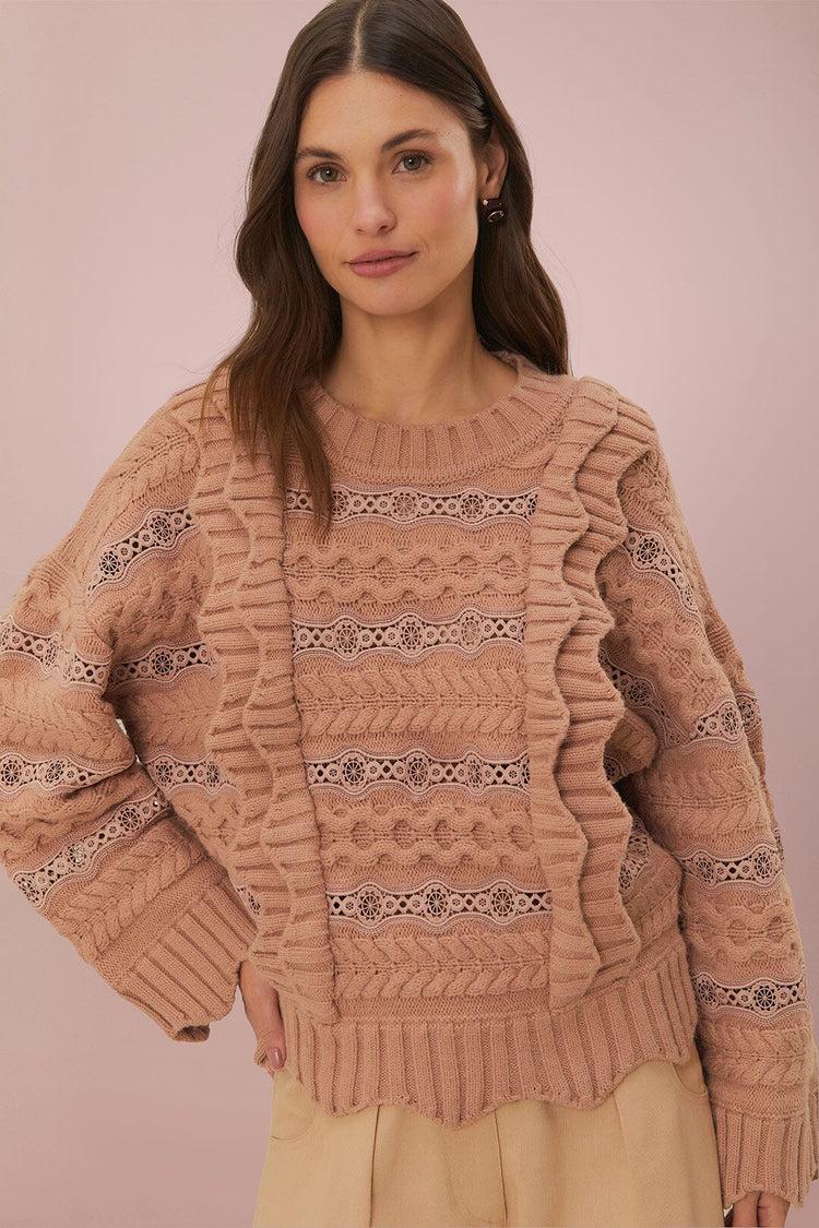 farm rio cream wavy ruffle sweater SAND