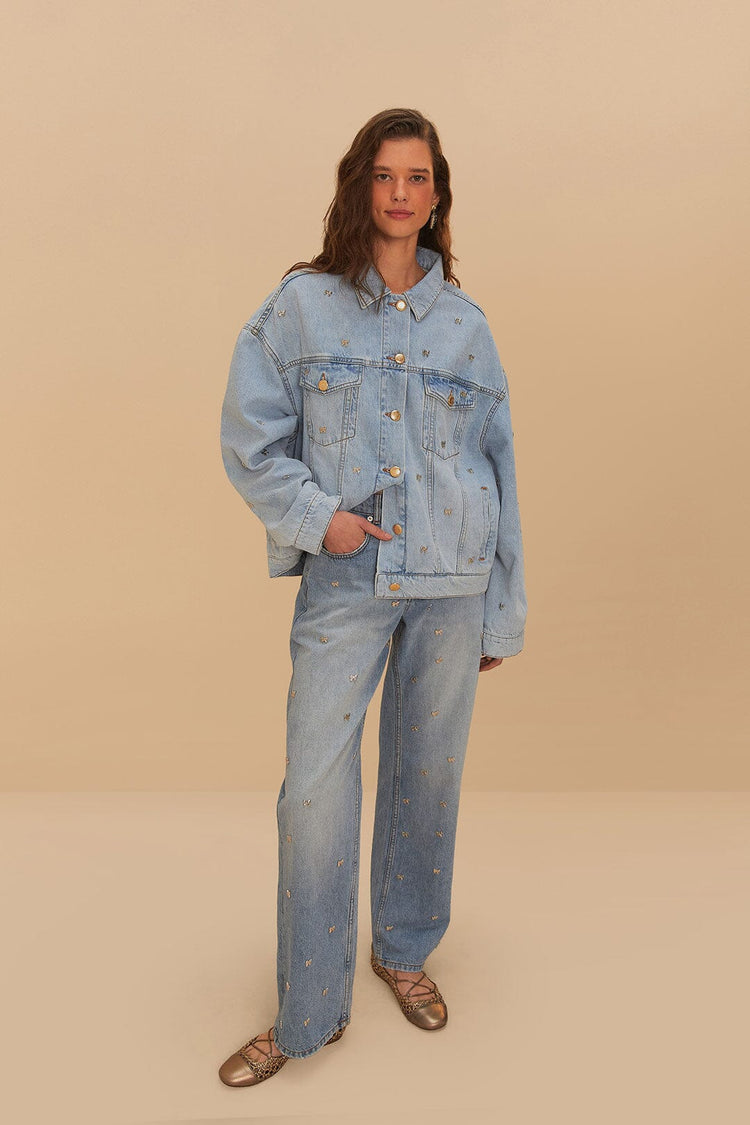 farm rio denim embroidered bows pants DENIM