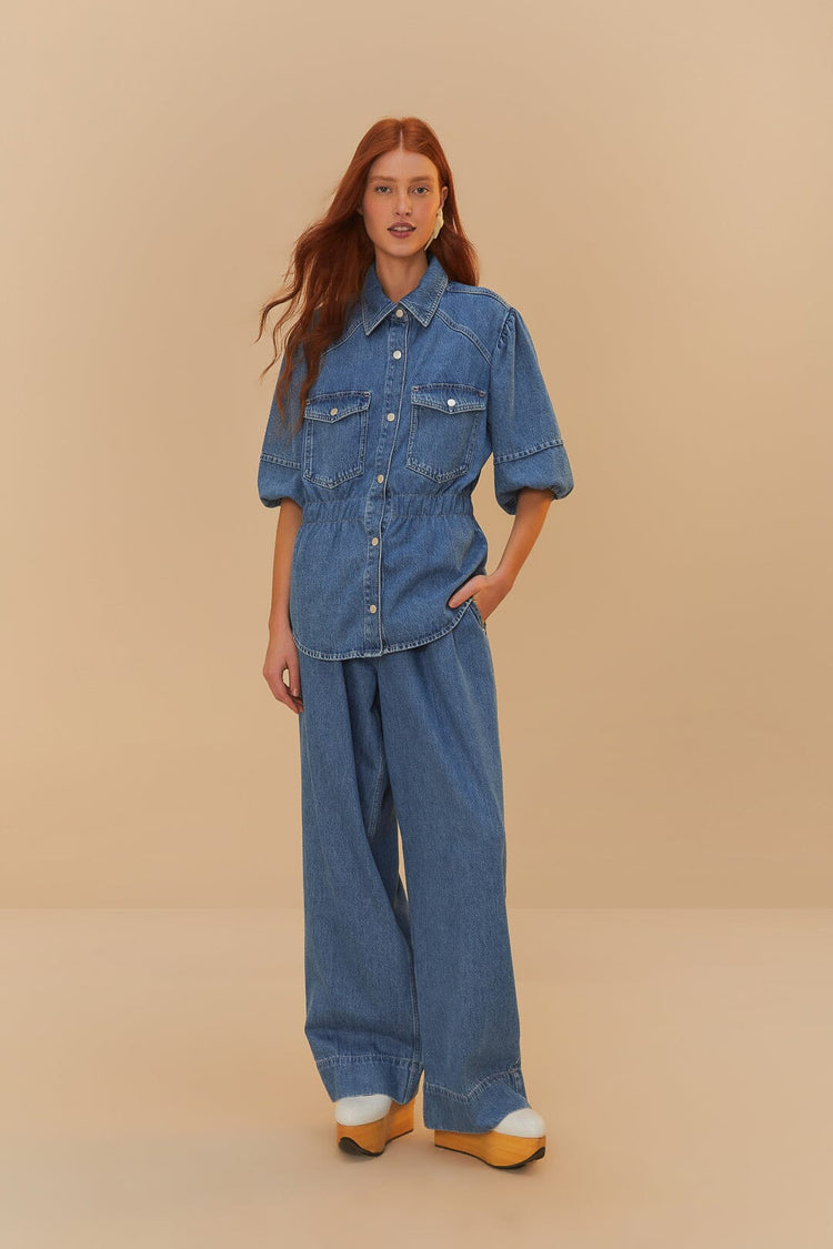 Farm Rio Denim Puff Sleeve Shirt DENIM