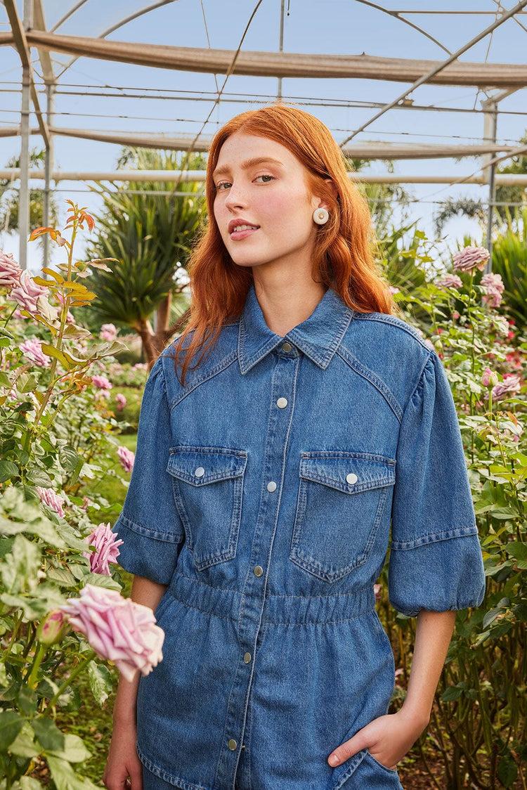 farm rio denim puff sleeve shirt DENIM
