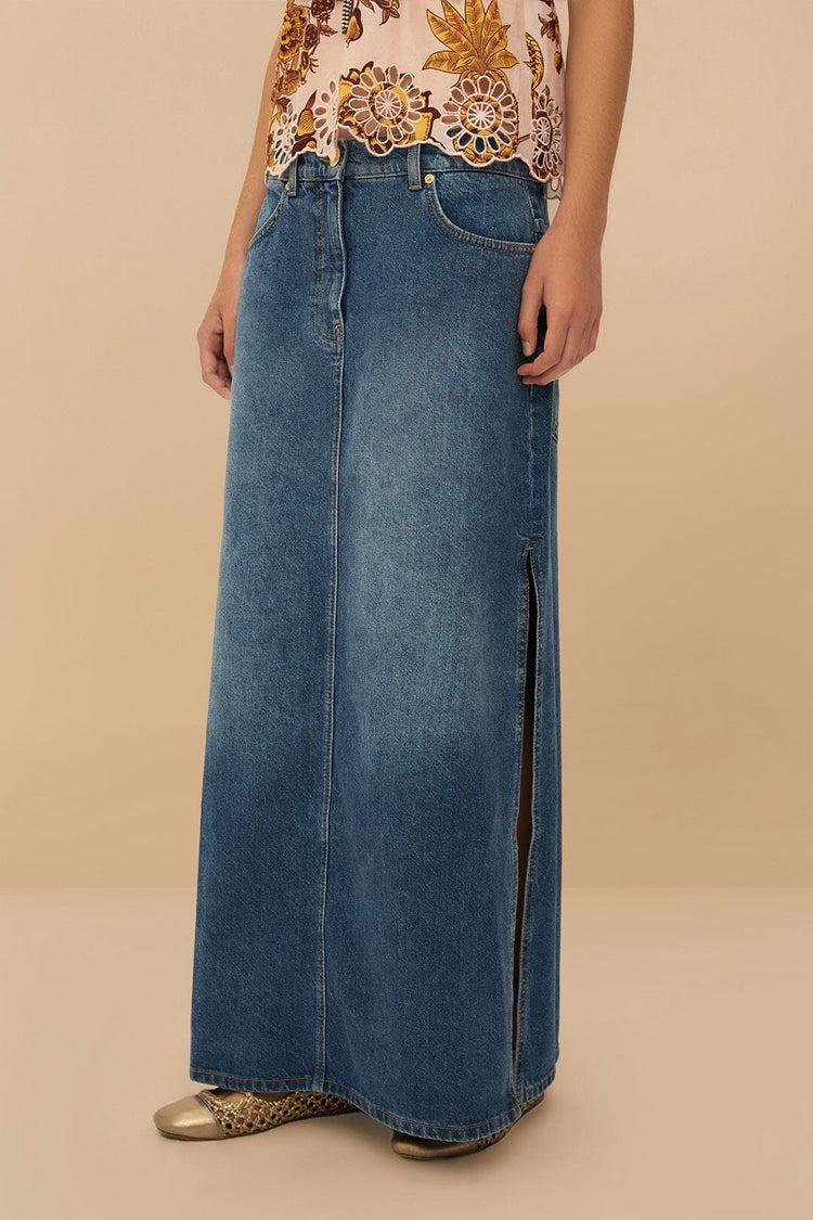 Farm Rio Denim Side Slit Maxi Skirt DENIM