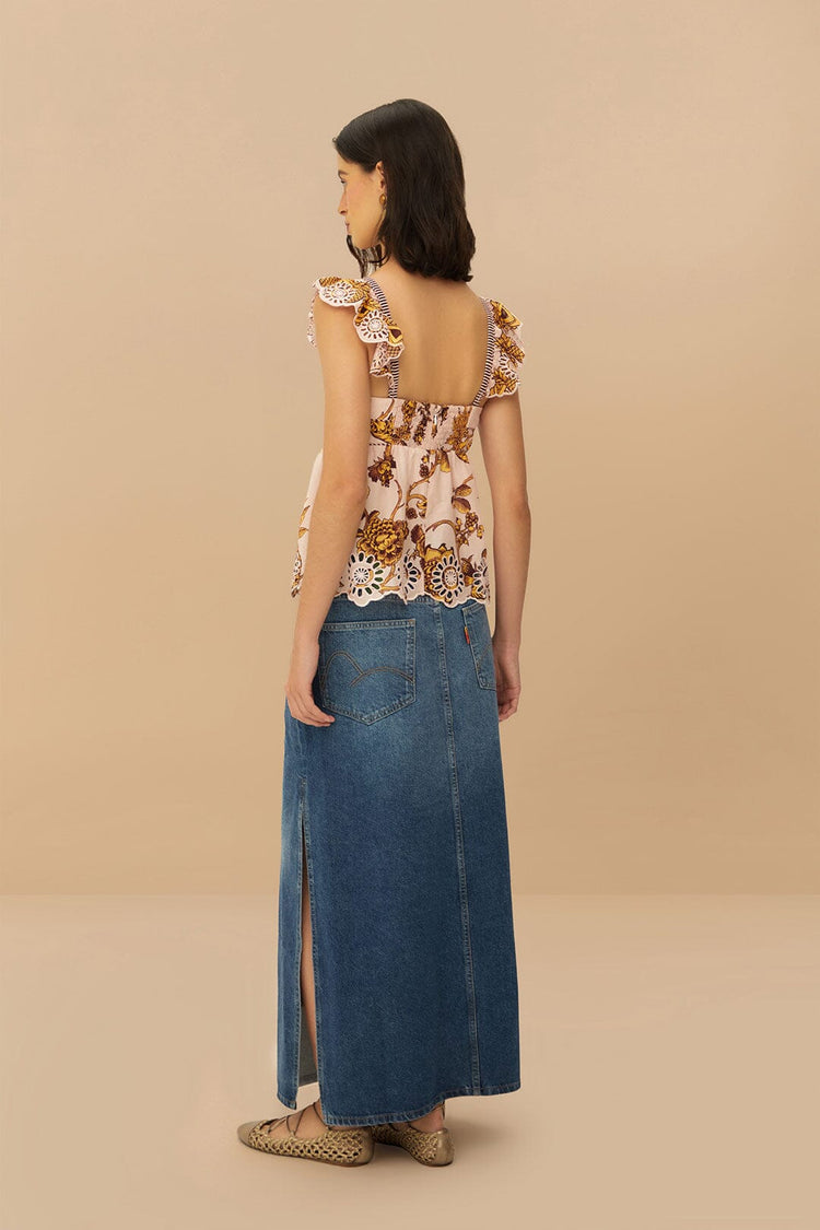 Farm Rio Denim Side Slit Maxi Skirt DENIM