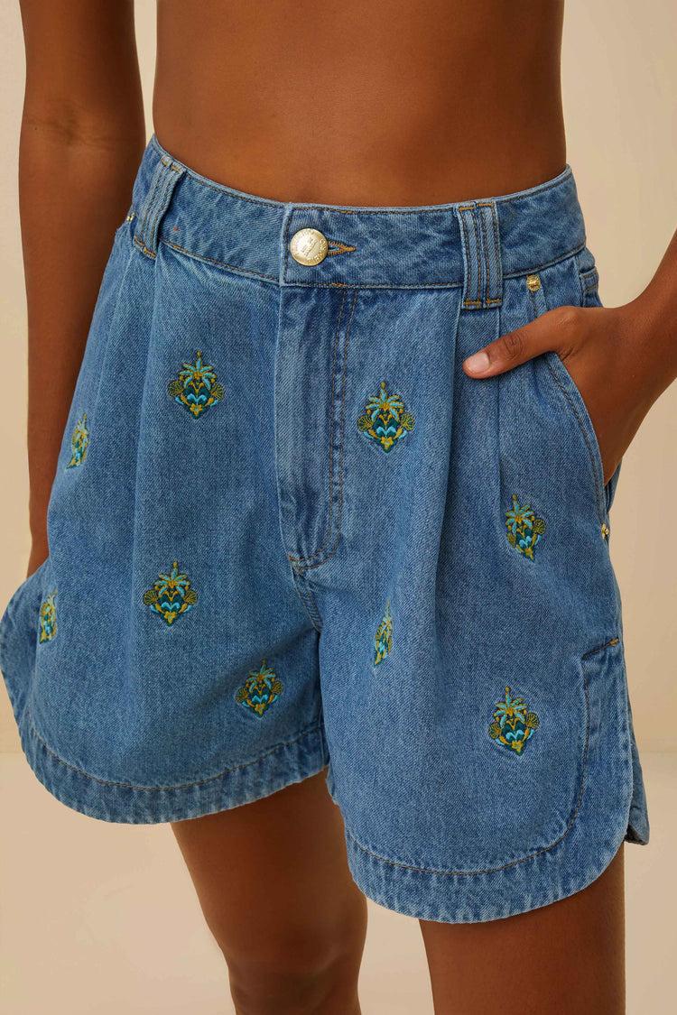 Farm Rio Embroidery Palmtree Denim Short DENIM