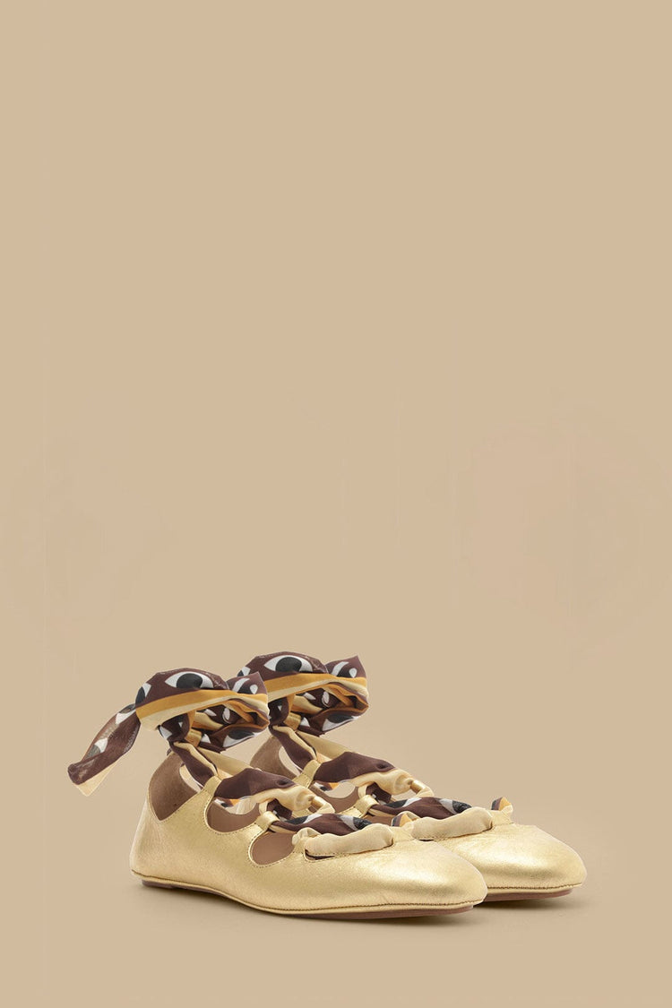 Farm Rio Gold Lace Up Scarf Ballerina GOLD