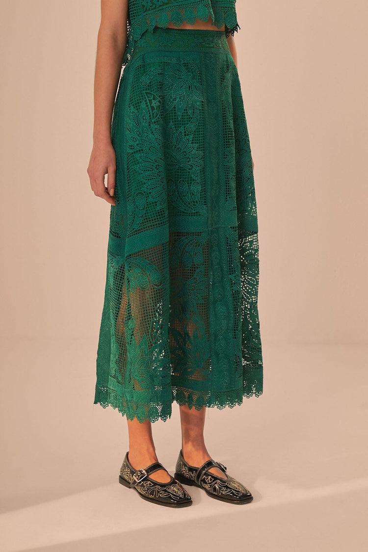 Farm Rio Green Toucans Guipure Midi Skirt GREEN
