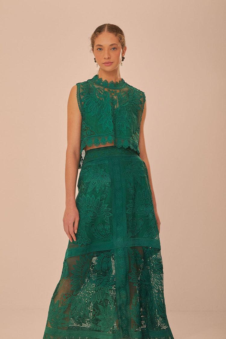 Farm Rio Green Toucans Guipure Midi Skirt GREEN