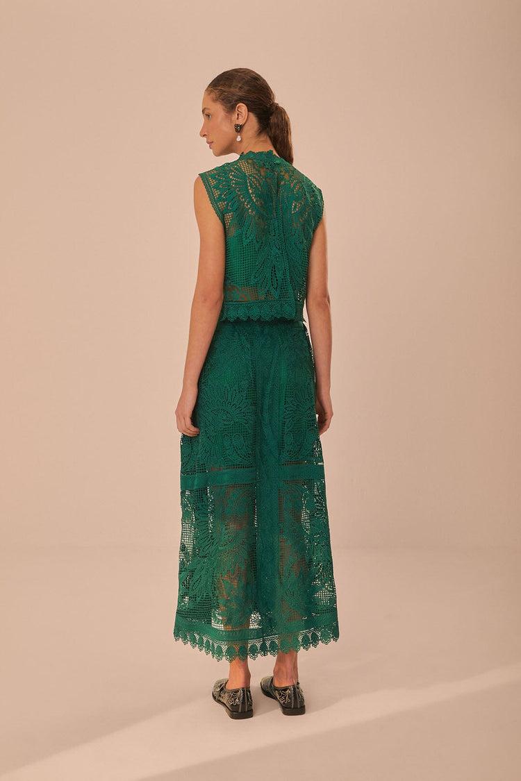 Farm Rio Green Toucans Guipure Midi Skirt GREEN