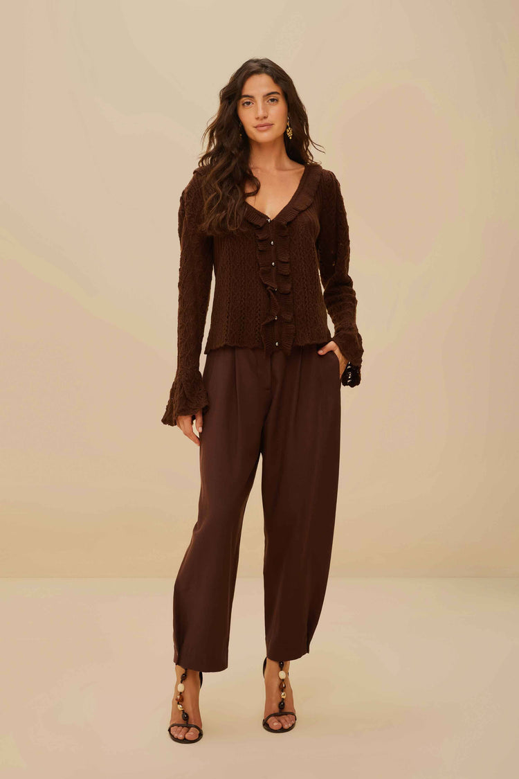 Farm Rio Lace Stitch Knit Ruffles Cardigan BROWN