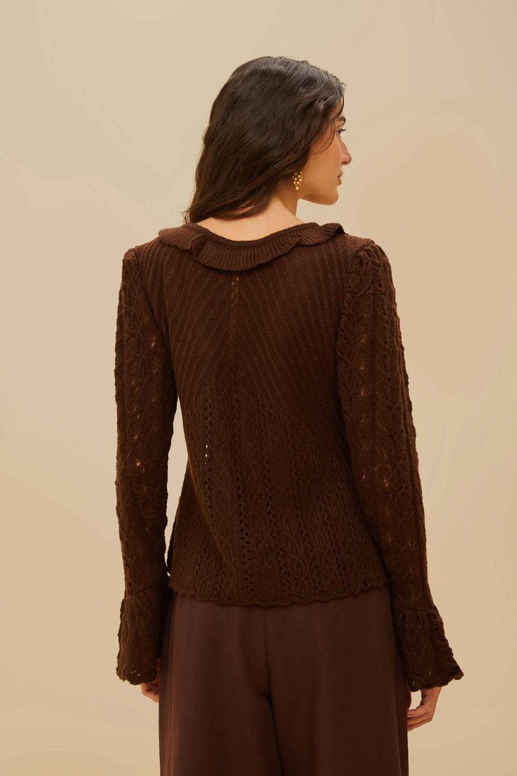 Farm Rio Lace Stitch Knit Ruffles Cardigan BROWN