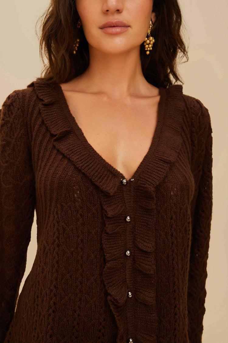 Farm Rio Lace Stitch Knit Ruffles Cardigan BROWN
