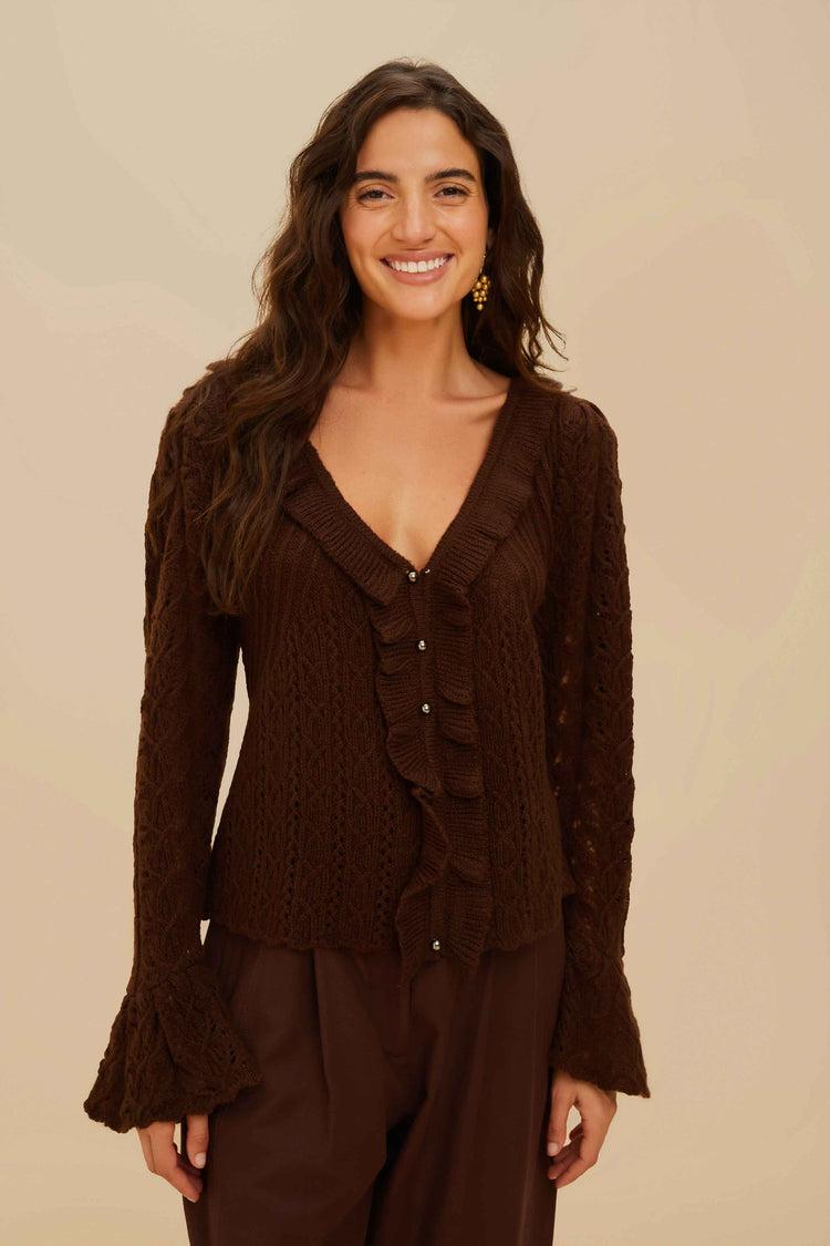 farm rio lace stitch knit ruffles cardigan BROWN