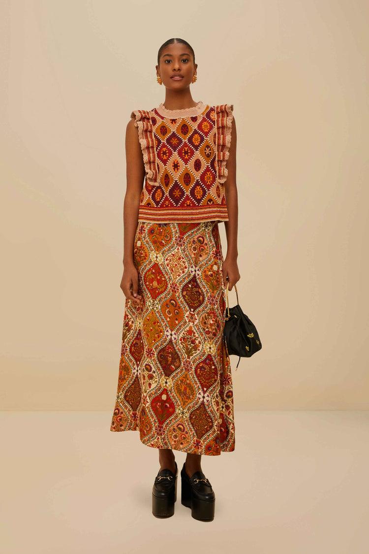 Farm Rio Multicolor Ruffled Crochet Vest CARAMEL